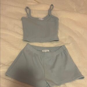 Pink Rose Light Blue Ribbed Pajama Set